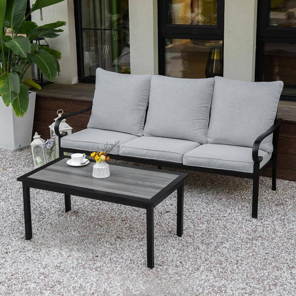 Black Metal Outdoor Sectional Set Conversation 3-Seater Sofa with Table and