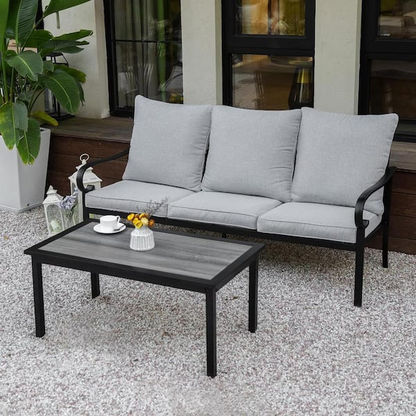 Unbranded Black Metal Outdoor Sectional Set Conversation 3-Seater Sofa with Table and Gray Cushions for Porch, Balcony, Deck