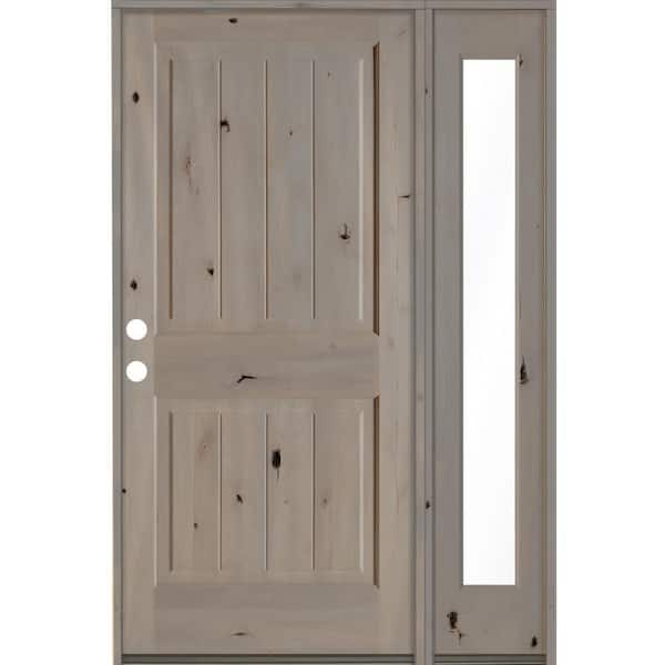 Krosswood Doors 50 in. x 80 in. Rustic Knotty Alder Square Top Right-Hand/Inswing Clear Glass Grey Stain Wood Prehung Front Door w/RFSL