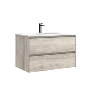 Perla 32 in. W x 18.1 in. D x 19.5 in. H Single Sink Wall Mounted Bath Vanity in Grey Pine with White Ceramic Top