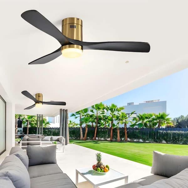 LINJO 52 in. LED Indoor Glod Soild Wood Blade Noiseless Ceiling Fan with Light Kit and Remote Control