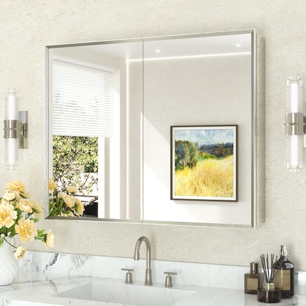 40 in. W x 32 in. H Rectangular Aluminum Medicine Cabinet with Mirror in Brushed Nickel