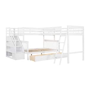 White Twin Over Full L-Shaped Bunk Bed with 3-Drawers, Ladder and Staircase