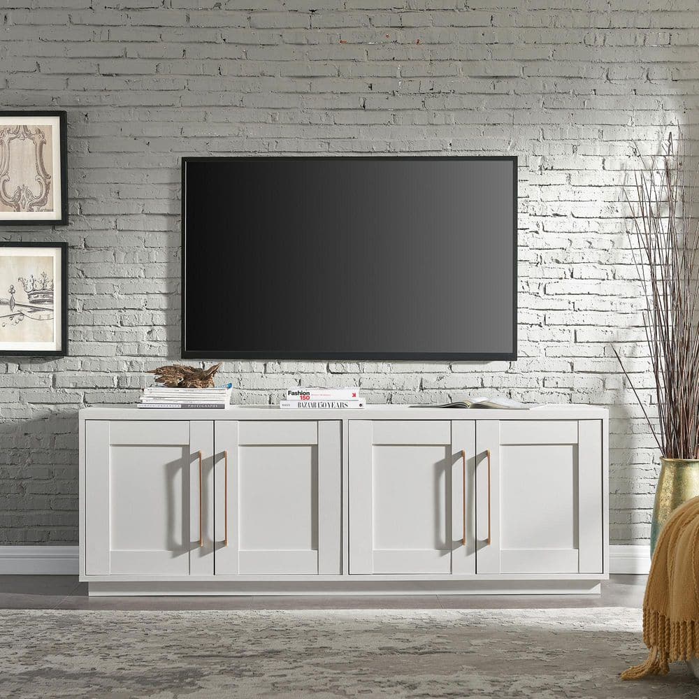 White 68" MDF TV Stand with Cabinets and Fireplace