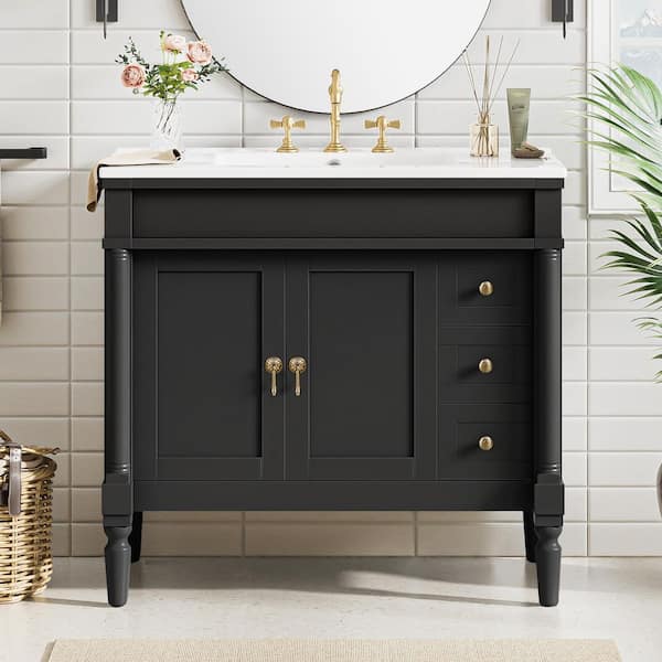 36 in. Freestanding Black Bath Vanity with White Ceramic Top Soft-Close Doors and 3 Drawers
