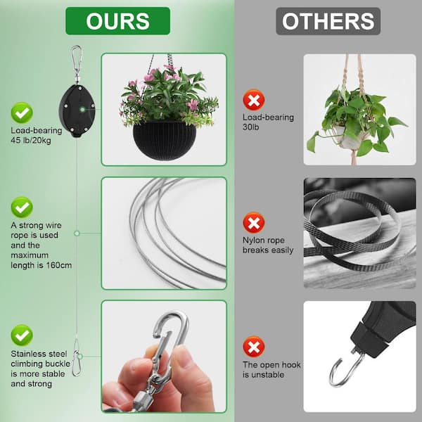 SenQWFa Heavy Duty Retractable Plant Hangers 63-Pulldown Design Stainless Steel Rope Double-Headed Hooks for Bird Feeders 3-Pack