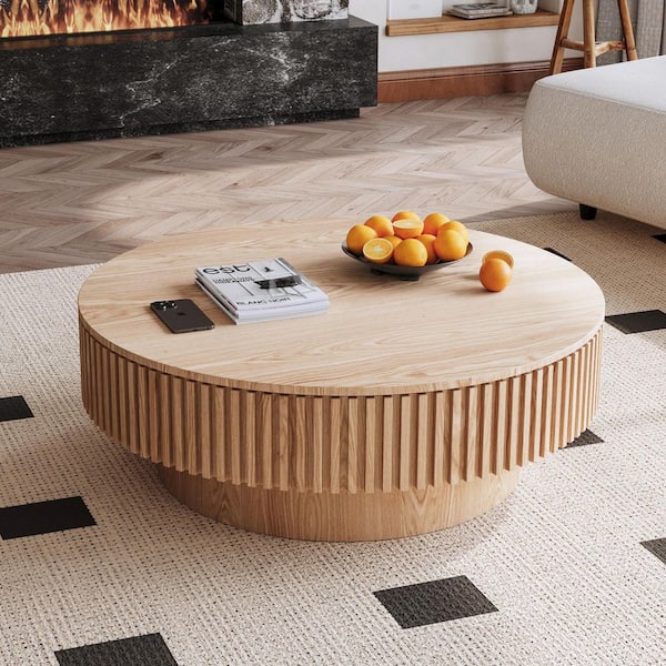 Leigh 39.37 in. Brown Round MDF Wood Coffee Table with Storage, Fluted Design, Natural