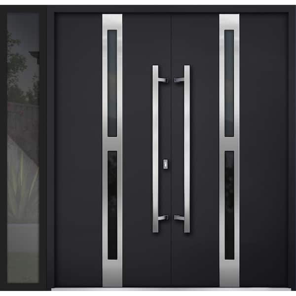 1755 86 in. x 80 in. Left-hand/Inswing Sidelite Tinted Glass Black Enamel Steel Prehung Front Door with Hardware