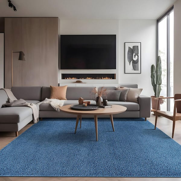 8 ft. x 10 ft. Blue Silky Solid Plus Thick Pile Non Slip Easy Clean Non Shedding Modern Indoor Area Rug