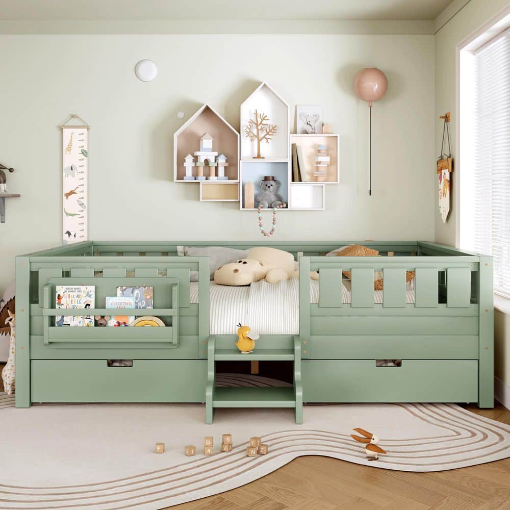 Green MDF Wood Frame Queen Size Platform Bed with Built-In Bookshelves and Storage Drawers