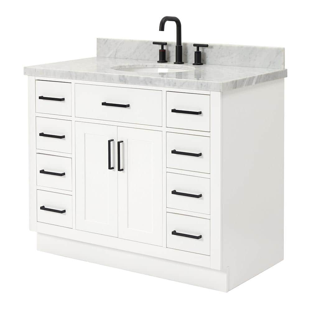 White Freestanding Vanity with Carrara Marble Top and Basin