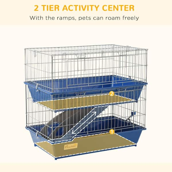 PawHut 2 Tier Small Animal Cage w Metal Wiring Ramp Blue None