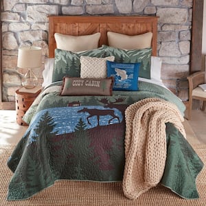 Moose Retreat UCC 3-Piece Blue and Brown King Polyester Quilt Set