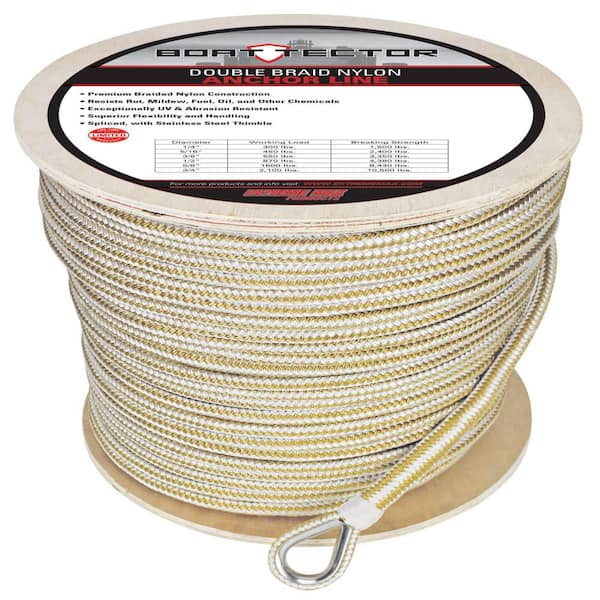 Extreme Max BoatTector Premium Double Braid Nylon Anchor Line with Thimble  - 1/2 in. x 800 ft., White and Gold 3006.2376 - The Home Depot