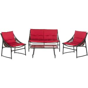 Berkane Brown 4-Piece Wicker Patio Conversation Set with Red Cushions