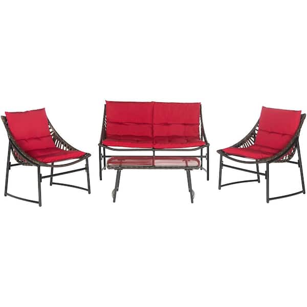 SAFAVIEH Berkane Brown 4-Piece Wicker Patio Conversation Set with Red Cushions