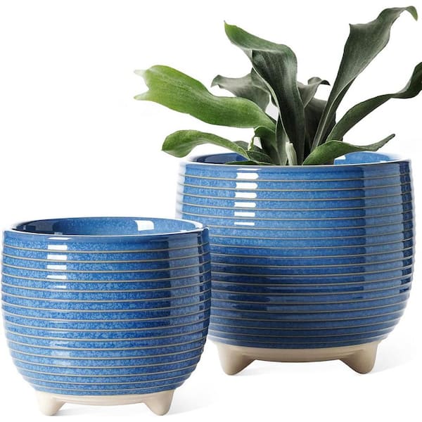 ITOPFOX Art Deco 6.49 in. L x 6.49 in. W x 5.9 in. H Reactive Glaze Blue Ceramic Round Indoor Planter (2-Pack)