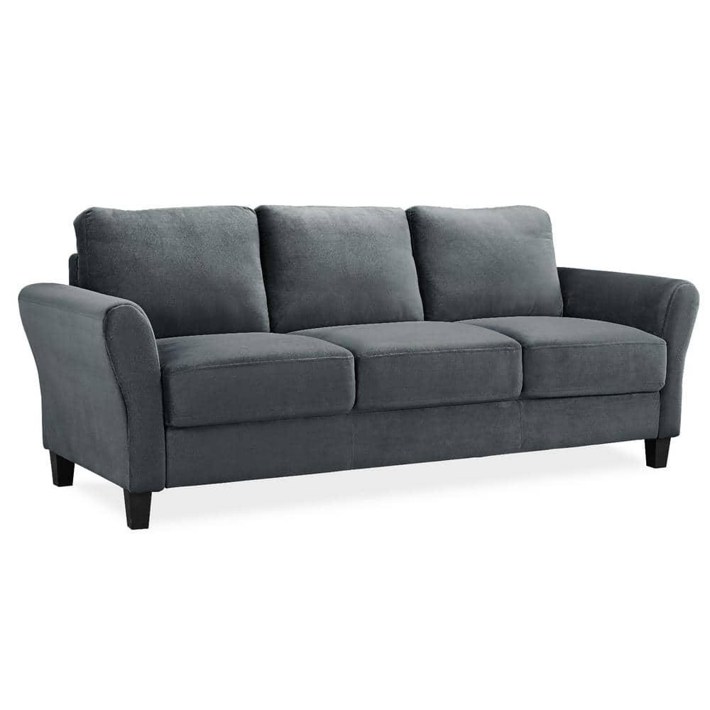 Dark Gray Microfiber 3-Seat Rolled Arm Sofa with Wooden Frame