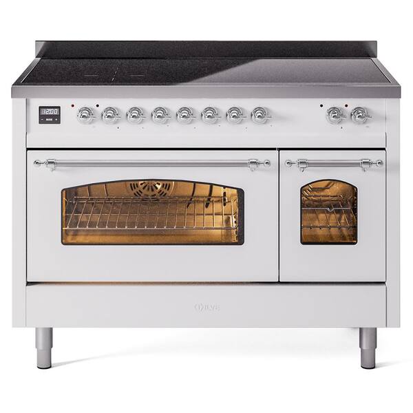 ILVE Nostalgie 48 in. 6 Zone Freestanding Double Oven Induction Range in White with Chrome Trim