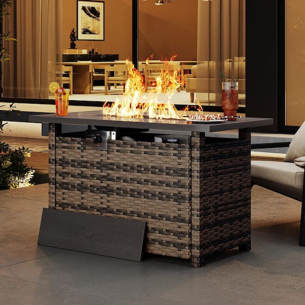 Yellow 44 in. 50,000 BTU Wicker Rectangular Outdoor Fire Pit Table with Removable Lid, Lava Rock