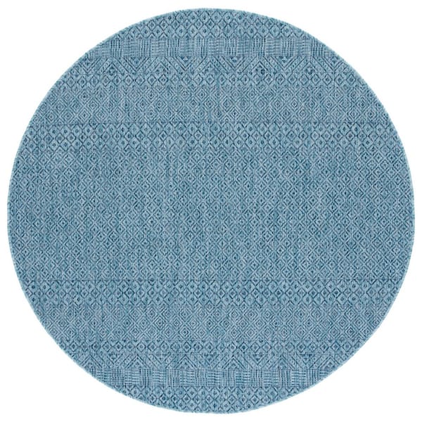 Courtyard Aqua/Navy 7 ft. x 7 ft. Geometric Diamond Indoor/Outdoor Round Area Rug