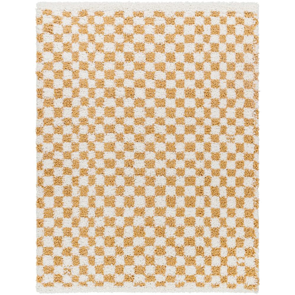 Tan and White Checkered Rectangular Shag Area Rug, 7'10" x 10'