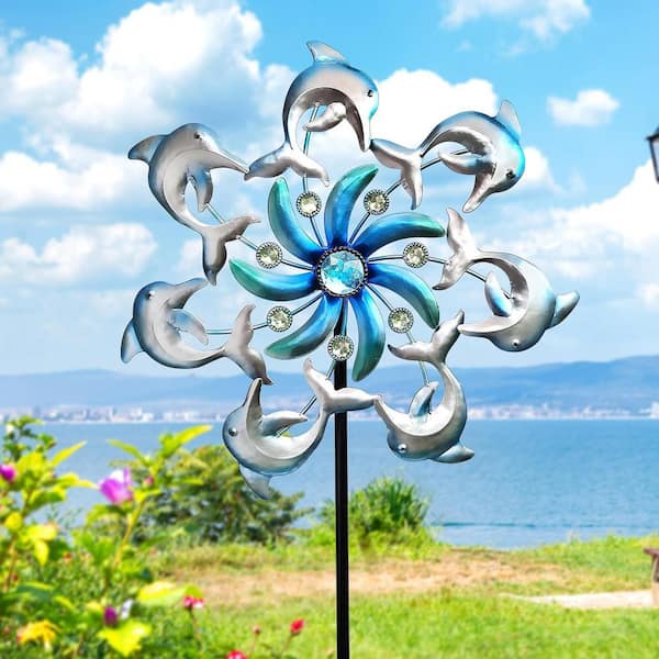 39 in. Dolphin Metal Wind Spinners Garden Stake L0CZKX6MW2 - The