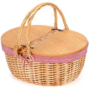 15 in. Wicker Picnic Basket with Red Stripe Liner, Wooden Split Lid and Folding Woven Handle