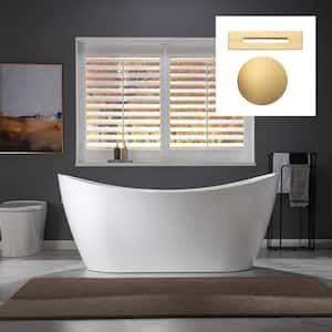 KIMBALL 67 in. Acrylic Flatbottom Freestanding Double Slipper Soaking Bathtub in White with Brushed Gold Drain Included