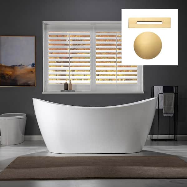 WOODBRIDGE KIMBALL 67 in. Acrylic Flatbottom Freestanding Double Slipper Soaking Bathtub in White with Brushed Gold Drain Included