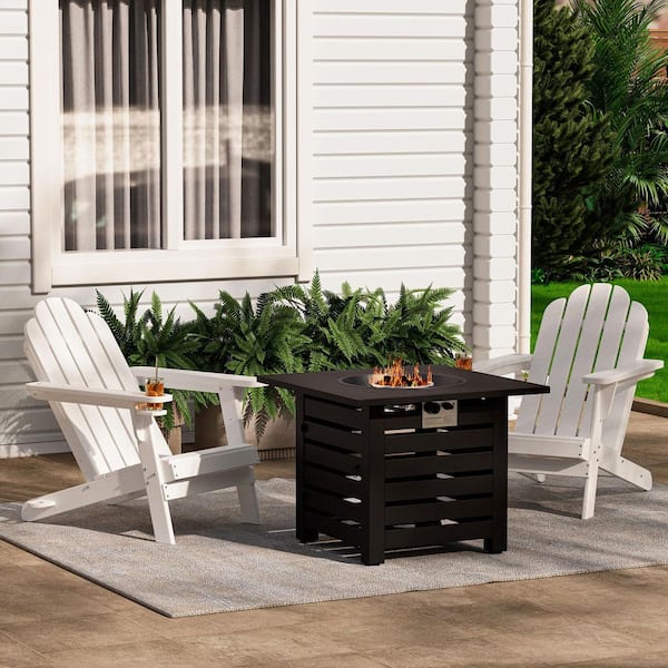 3-Piece Black Metal Patio Conversation Fire Pit with 2-White HDpe Adirondack Chairs Seating Set