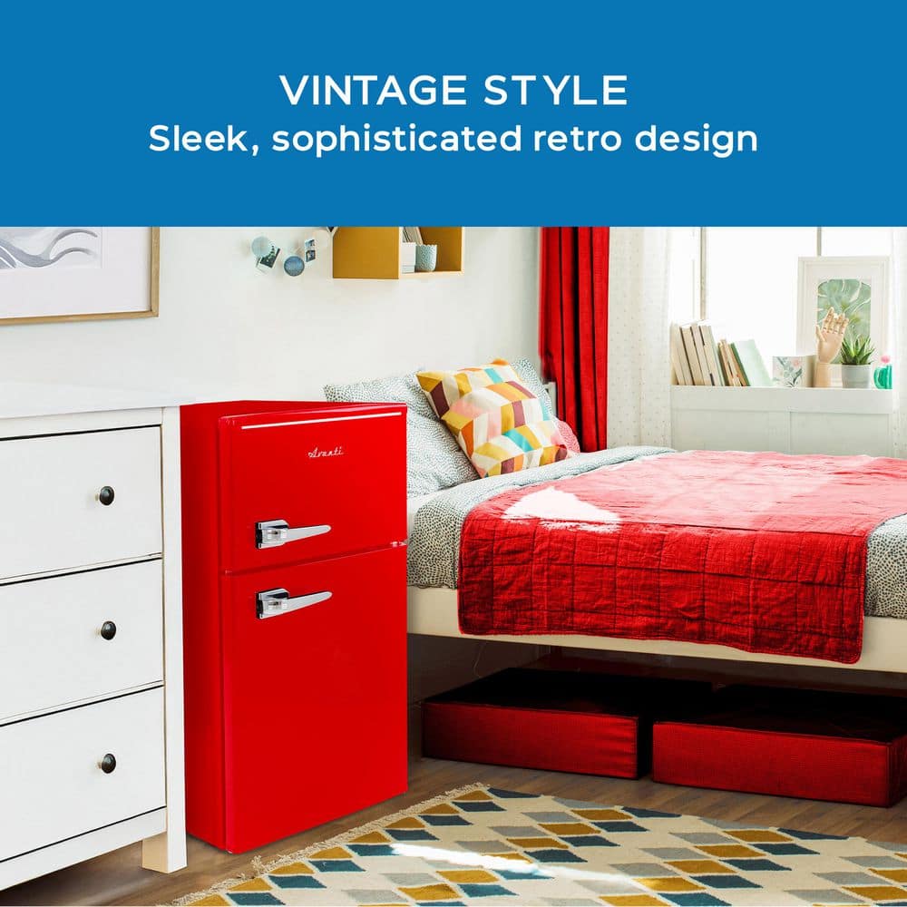 Retro Red Compact Dual Door Mini Fridge with Glass Shelves