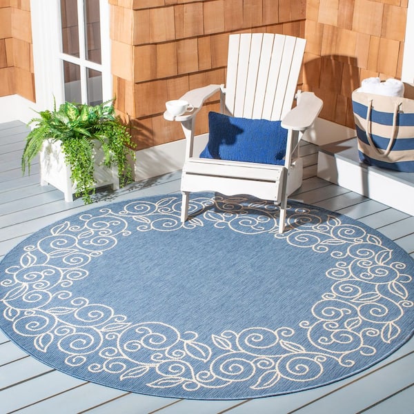 Courtyard Blue/Beige 8 ft. x 8 ft. Round Floral Indoor/Outdoor Patio  Area Rug