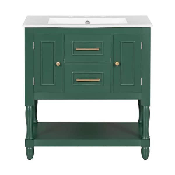 Unbranded 30 in. Minimalism Freestanding Bathroom Vanity Green Storage Cabinet with White Ceramic Sink Top, 2-Doors, 2-Drawers