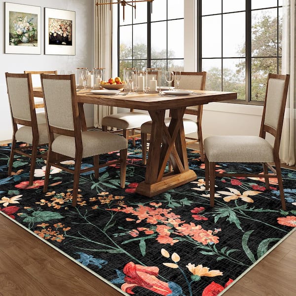 April Black 8 ft. x 10 ft. Floral Washable Area Rug