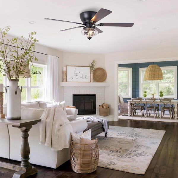 52 in. Indoor Black Low Profile Glass Bowl Shade Ceiling Fan with Light Kit and Remote Control Included