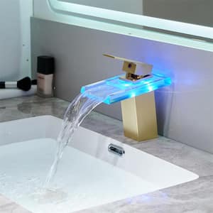 Pearl Modern One Handle Single Hole 3.5 GPM Waterfall Bathroom Faucet with LED Light and Supply Hoses in Brushed Gold