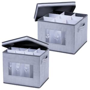 Stemware Organizer Box Set, Dividers, Handles, Lid, Cups, Organizer, Clear Window Wine Glass & Champagne Flute Box, Gray
