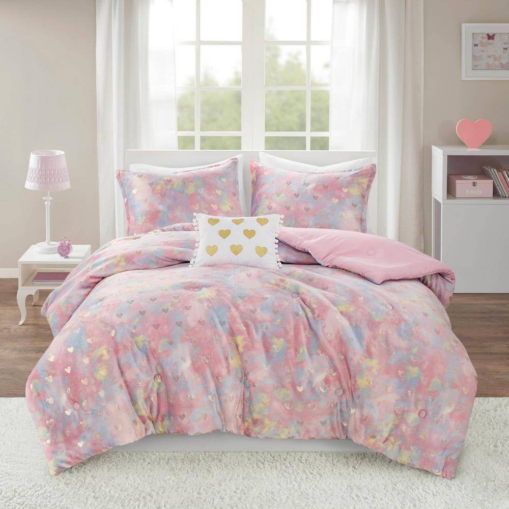 Twin Pink Multi/Gold Microfiber Plush Comforter Set with Hearts