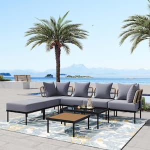 8-Piece Metal Patio Conversation Set with Light Grey Cushions