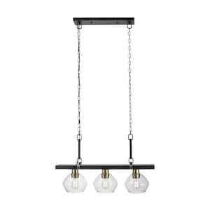 Harrow 3-Light Matte Black Linear Pendant Lighting with Gold Accent Sockets and Clear Glass Shades