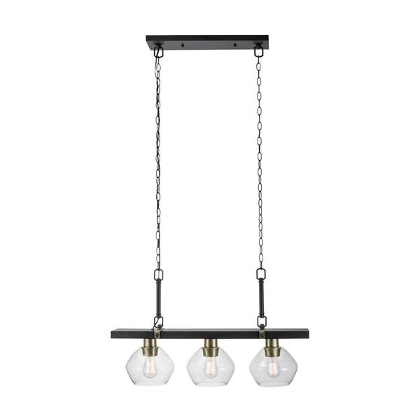 Globe Electric Harrow 3-Light Matte Black Linear Pendant Lighting with Gold Accent Sockets and Clear Glass Shades
