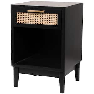 18 in. Black 1 Drawer and 1 Shelf Large Rectangle Wood End Table with Cane Front Drawer and Gold Handle