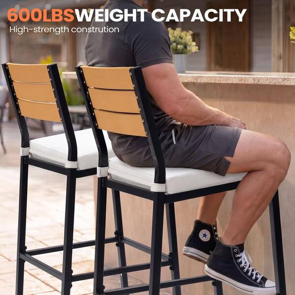 Metal Outdoor Bar Stool with Ergonomic Backrest Footrest and Removable White Cushions for Patio (4-Pack)