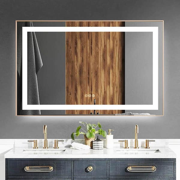 48 in. W x 32 in. H Rectangular Aluminum Framed Backlit and Front Light LED Wall Bathroom Vanity Mirror in Brushed Gold