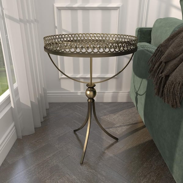 Litton Lane 16 in. Brass Large Round Mirrored End Accent Table with Mirrored Glass Top
