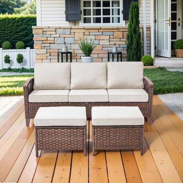 Kelsey Beige 3-Piece All-Weather Brown Wicker Sofa Seating Set with Ottomans