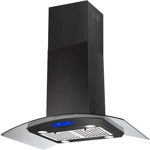 Elexnux 36 in. W 700 CFM Island Mount Tempered Glass with 4 LED Lights and 3 Fan Speed Stainless Steel Range Hood in Black