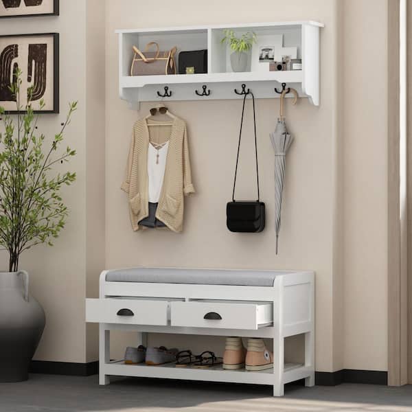 White Wooden Wall Mounted Coat Rack Set with 4-Hooks and Shoe Storage Bench with 2 -Drawers