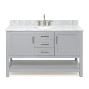 Bayhill 55 in. W x 22 in. D x 35.25 in. H Freestanding Bath Vanity in Grey with Carrara White Marble Top